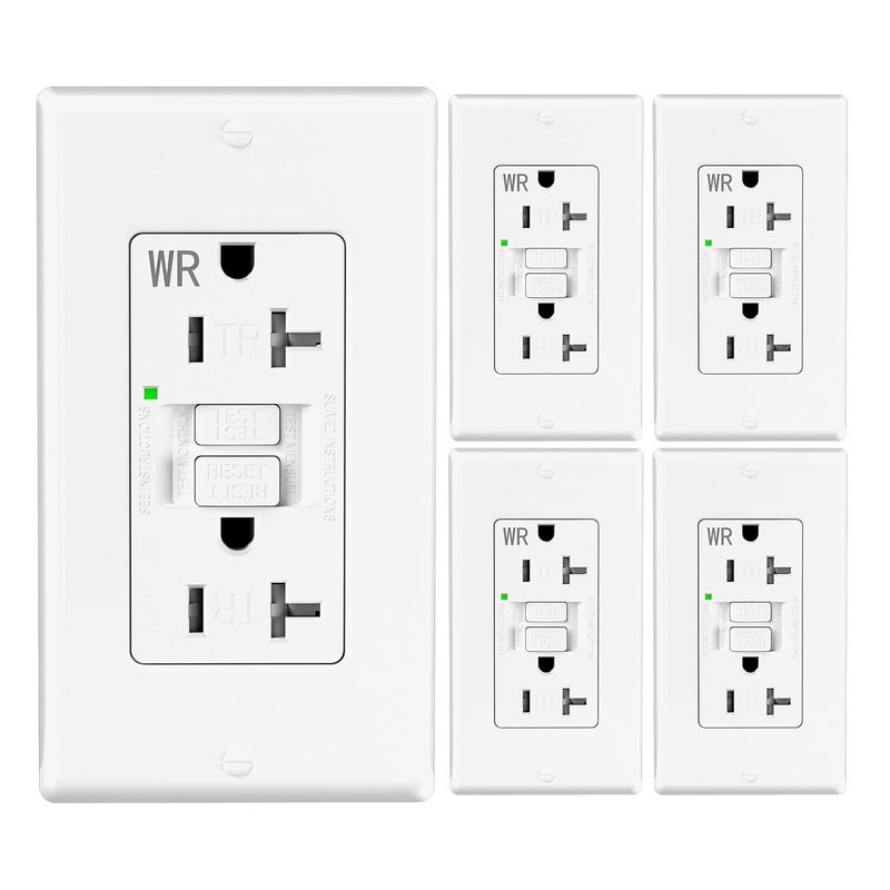 POWAWINI 5 Pack - GFCI Outlet 20 Amp, Thinner Design, Self-Test GFI Receptacle, LED Indicator, UL Listed, Tamper Resistant, Weather Resistant, with Wall Plates and Screws, Indoor Outdoor Use, White - Image 1